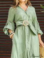 Fashion Ruffle Women's Shirt Casual V Neck Lantern Sleeve With Pocket Long Skirt Spring Lady Streetwear Midi Dress image 3