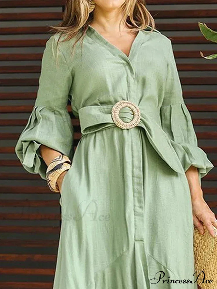 Fashion Ruffle Women's Shirt Casual V Neck Lantern Sleeve With Pocket Long Skirt Spring Lady Streetwear Midi Dress image 3
