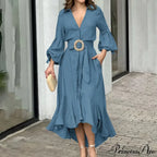 Fashion Ruffle Women's Shirt Casual V Neck Lantern Sleeve With Pocket Long Skirt Spring Lady Streetwear Midi Dress image 9