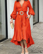 Fashion Ruffle Women's Shirt Casual V Neck Lantern Sleeve With Pocket Long Skirt Spring Lady Streetwear Midi Dress image 10