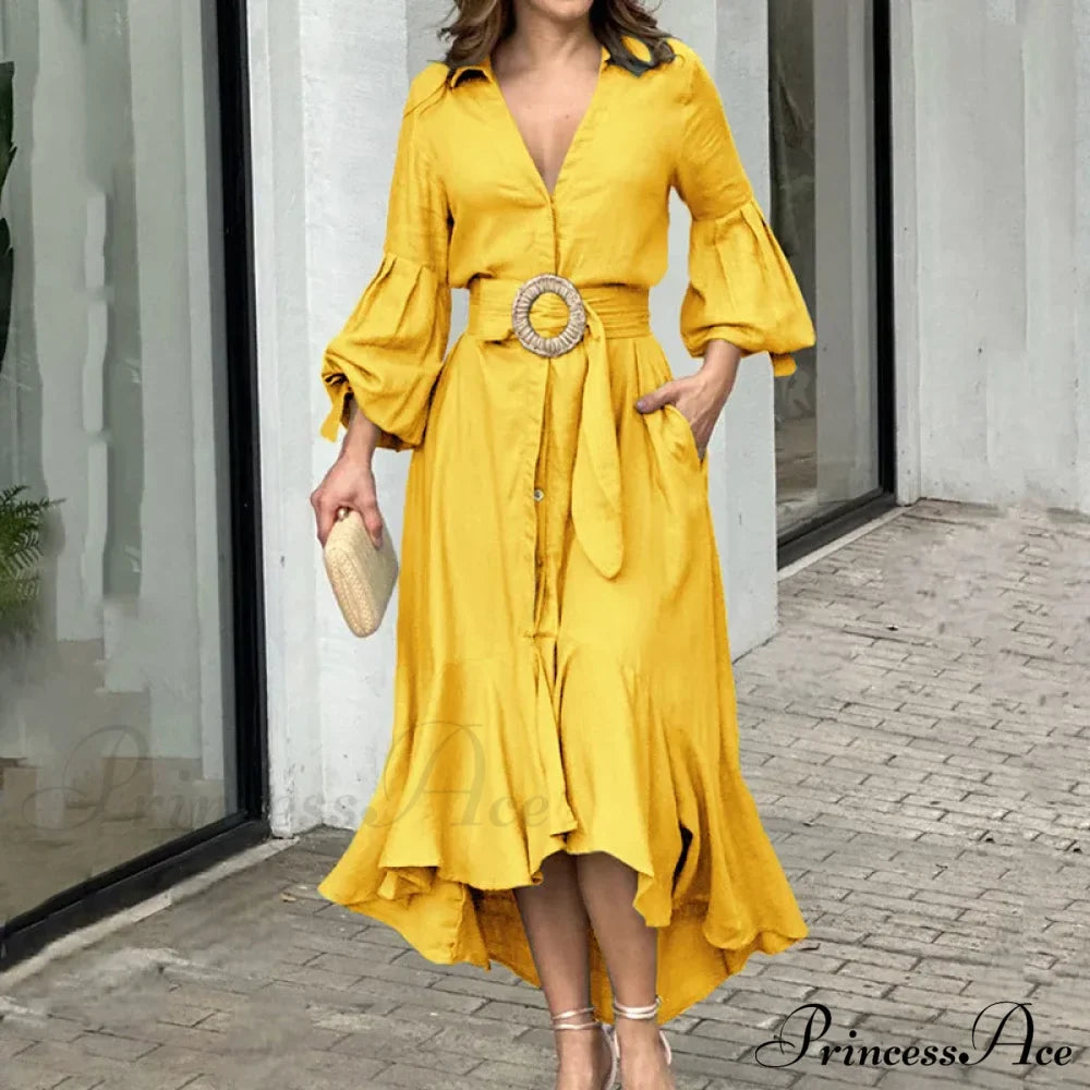 Fashion Ruffle Women's Shirt Casual V Neck Lantern Sleeve With Pocket Long Skirt Spring Lady Streetwear Midi Dress image 8