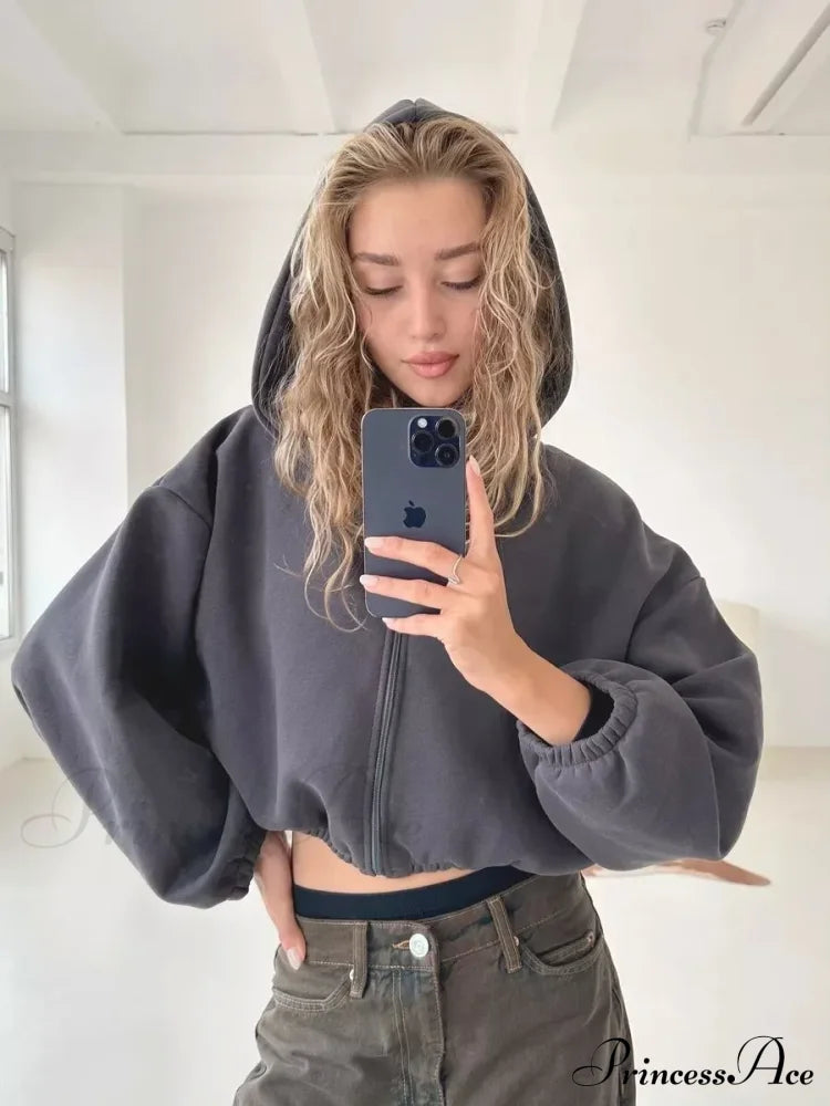 Fashionable Cropped Cozy Solid Color Loose Hoodie image 1