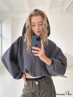 Fashionable Cropped Cozy Solid Color Loose Hoodie image 1