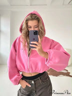 Fashionable Cropped Cozy Solid Color Loose Hoodie image 6