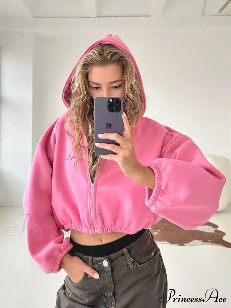 Fashionable Cropped Cozy Solid Color Loose Hoodie image 6