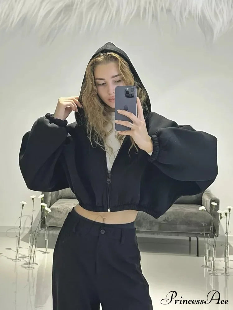 Fashionable Cropped Cozy Solid Color Loose Hoodie image 2