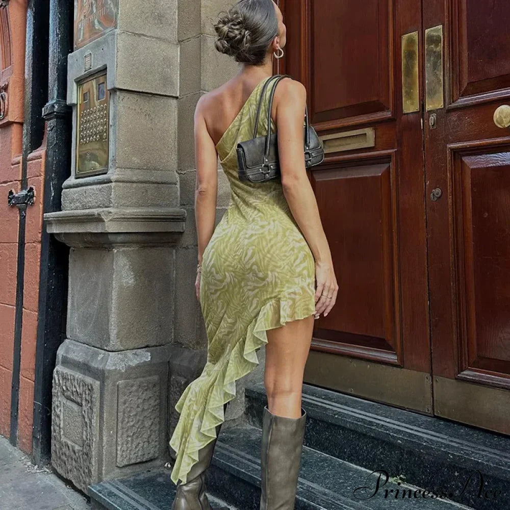 Fashionable Glittering Printed Ruffled Backless One Shoulder Asymmetric Sexy Midi Dress image 2