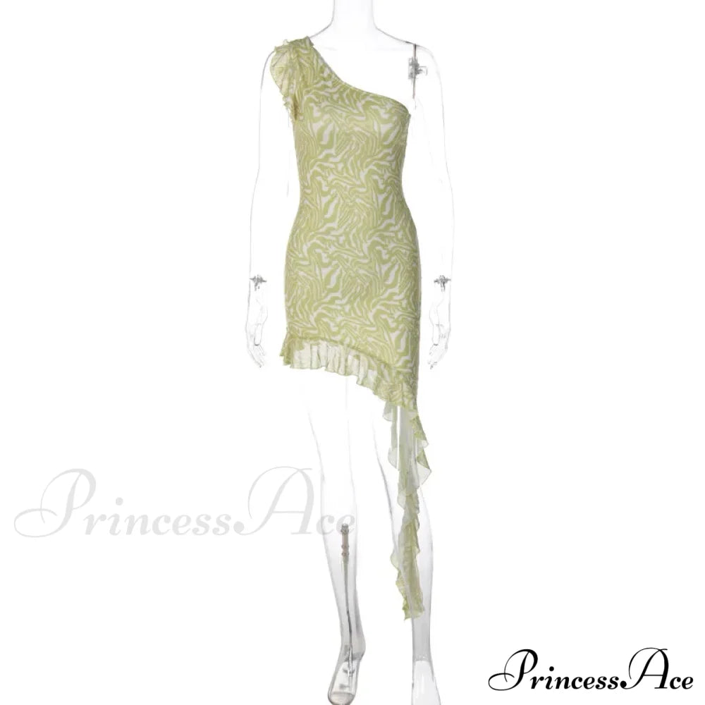 Fashionable Glittering Printed Ruffled Backless One Shoulder Asymmetric Sexy Midi Dress image 6