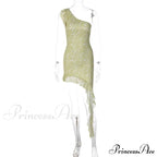 Fashionable Glittering Printed Ruffled Backless One Shoulder Asymmetric Sexy Midi Dress image 6