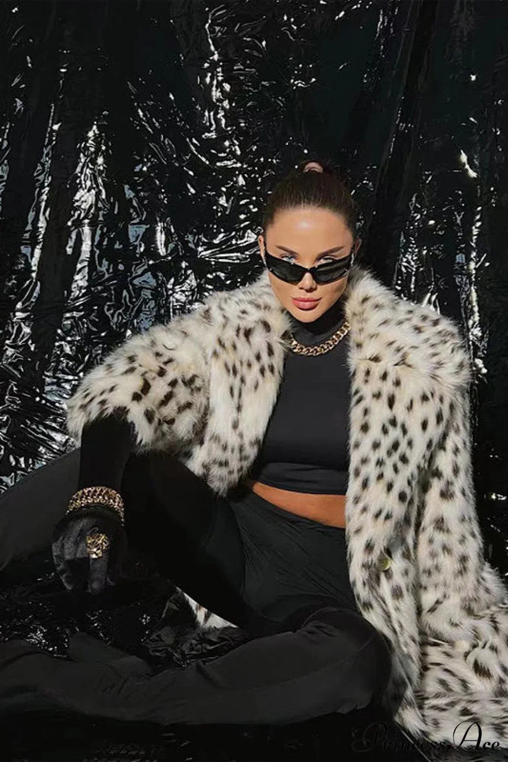 Faux Fox Fur Leopard Print Long Lapel Overcoat image 3