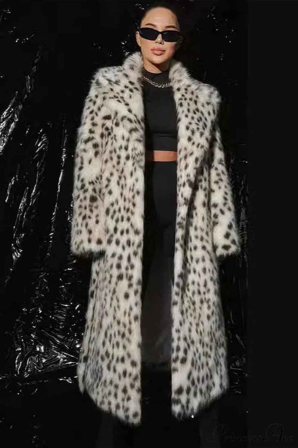 Faux Fox Fur Leopard Print Long Lapel Overcoat image 2