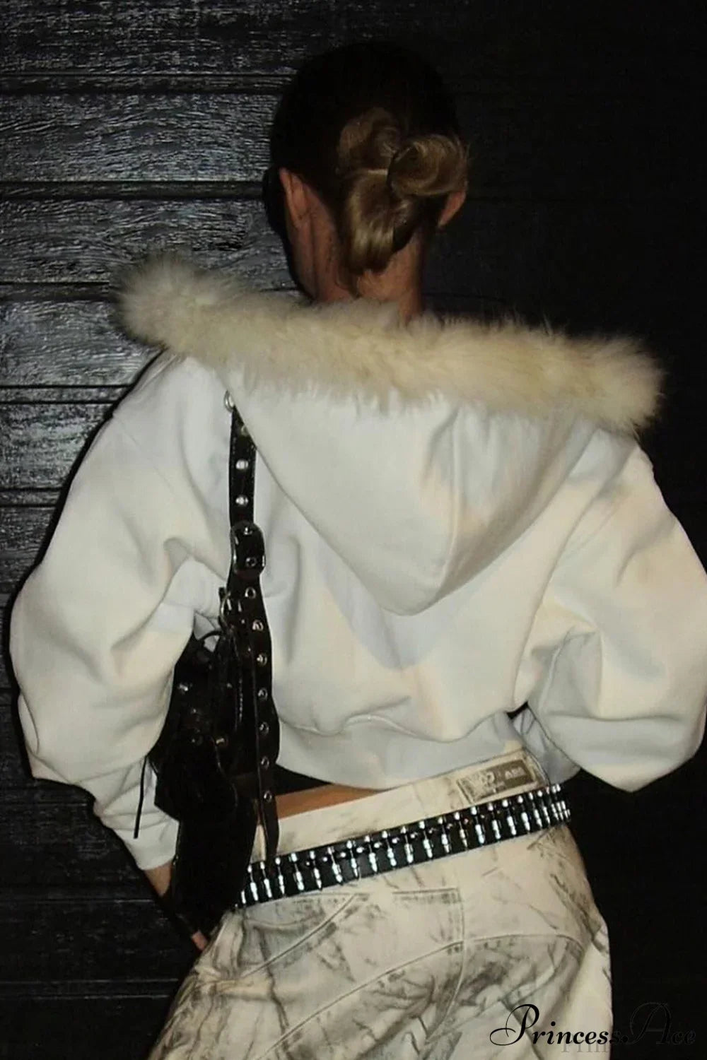 Faux Fur Collar High-Waist Cropped Fleece Hoodie image 4