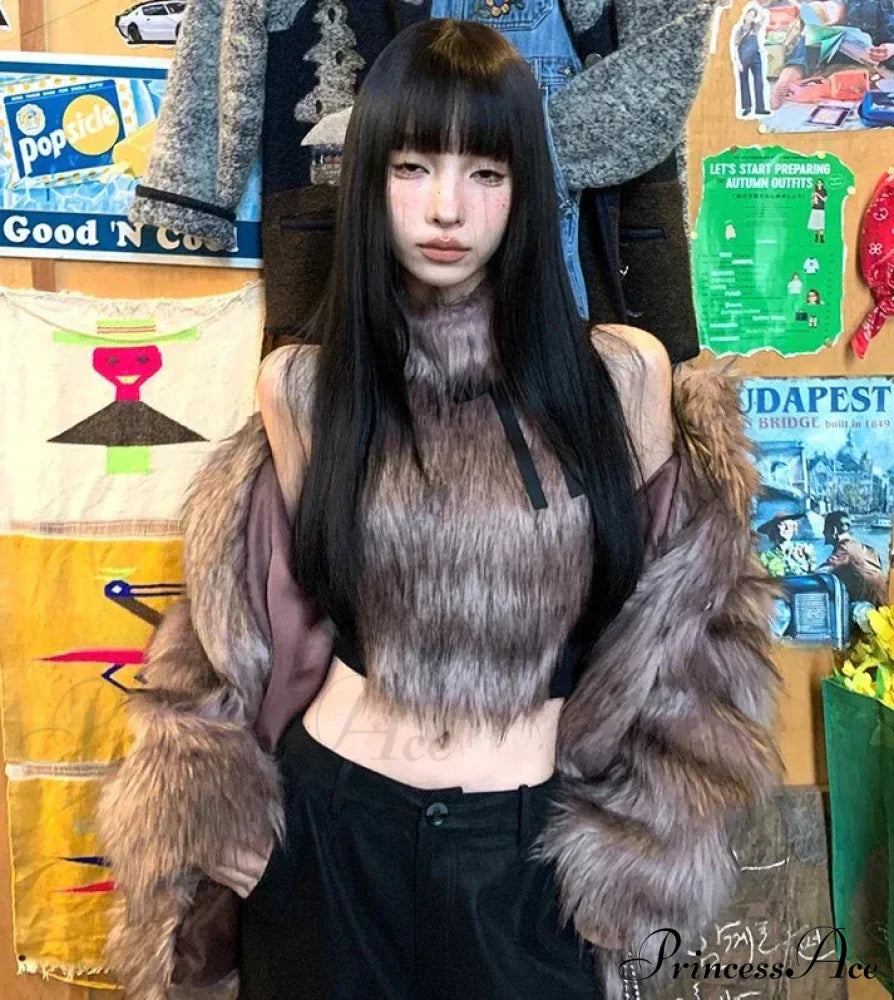 Faux Fur High Collar Sleeveless Trendy Camisole Tank Top with Bow image 4