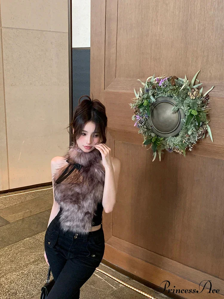 Faux Fur High Collar Sleeveless Trendy Camisole Tank Top with Bow image 11