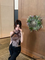 Faux Fur High Collar Sleeveless Trendy Camisole Tank Top with Bow image 11