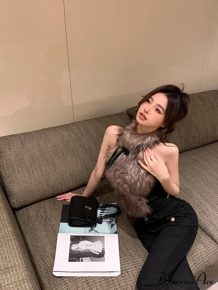 Faux Fur High Collar Sleeveless Trendy Camisole Tank Top with Bow image 10