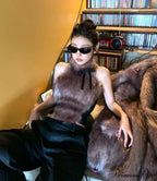Faux Fur High Collar Sleeveless Trendy Camisole Tank Top with Bow image 3