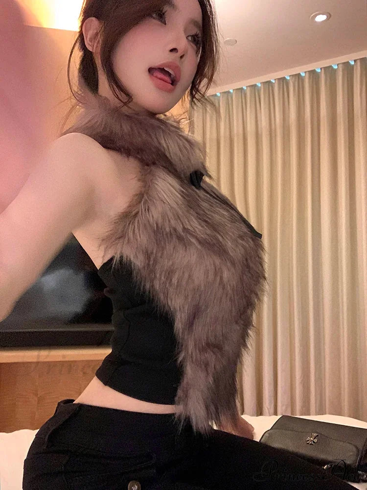Faux Fur High Collar Sleeveless Trendy Camisole Tank Top with Bow image 9