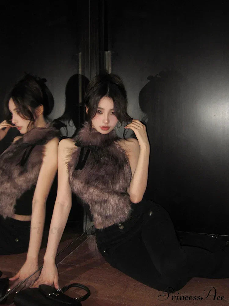 Faux Fur High Collar Sleeveless Trendy Camisole Tank Top with Bow image 8
