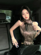 Faux Fur High Collar Sleeveless Trendy Camisole Tank Top with Bow image 12