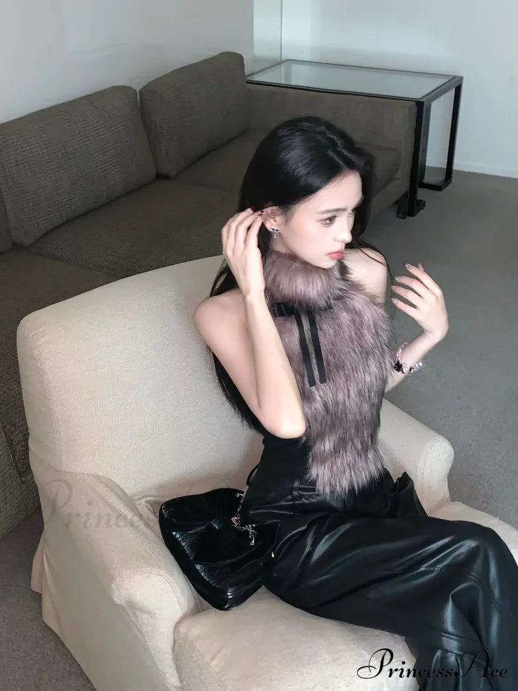 Faux Fur High Collar Sleeveless Trendy Camisole Tank Top with Bow image 13