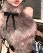 Faux Fur High Collar Sleeveless Trendy Camisole Tank Top with Bow image 1