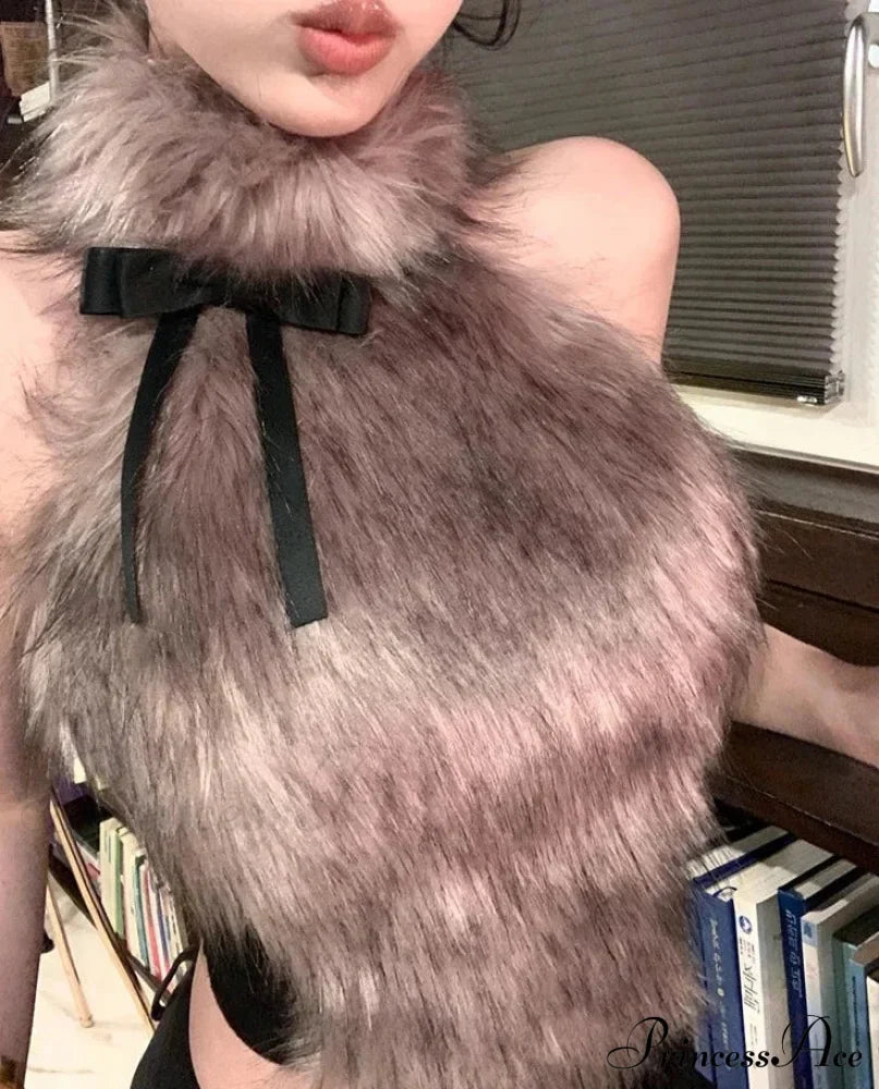 Faux Fur High Collar Sleeveless Trendy Camisole Tank Top with Bow image 1