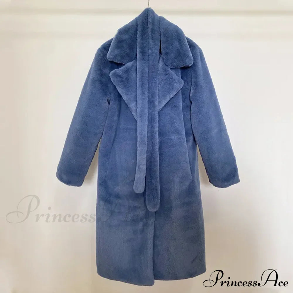 Faux Fur Stylish Long Belted Coat image 14