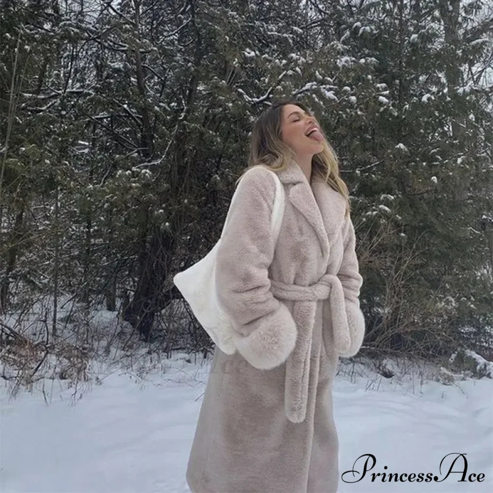 Faux Fur Stylish Long Belted Coat image 2