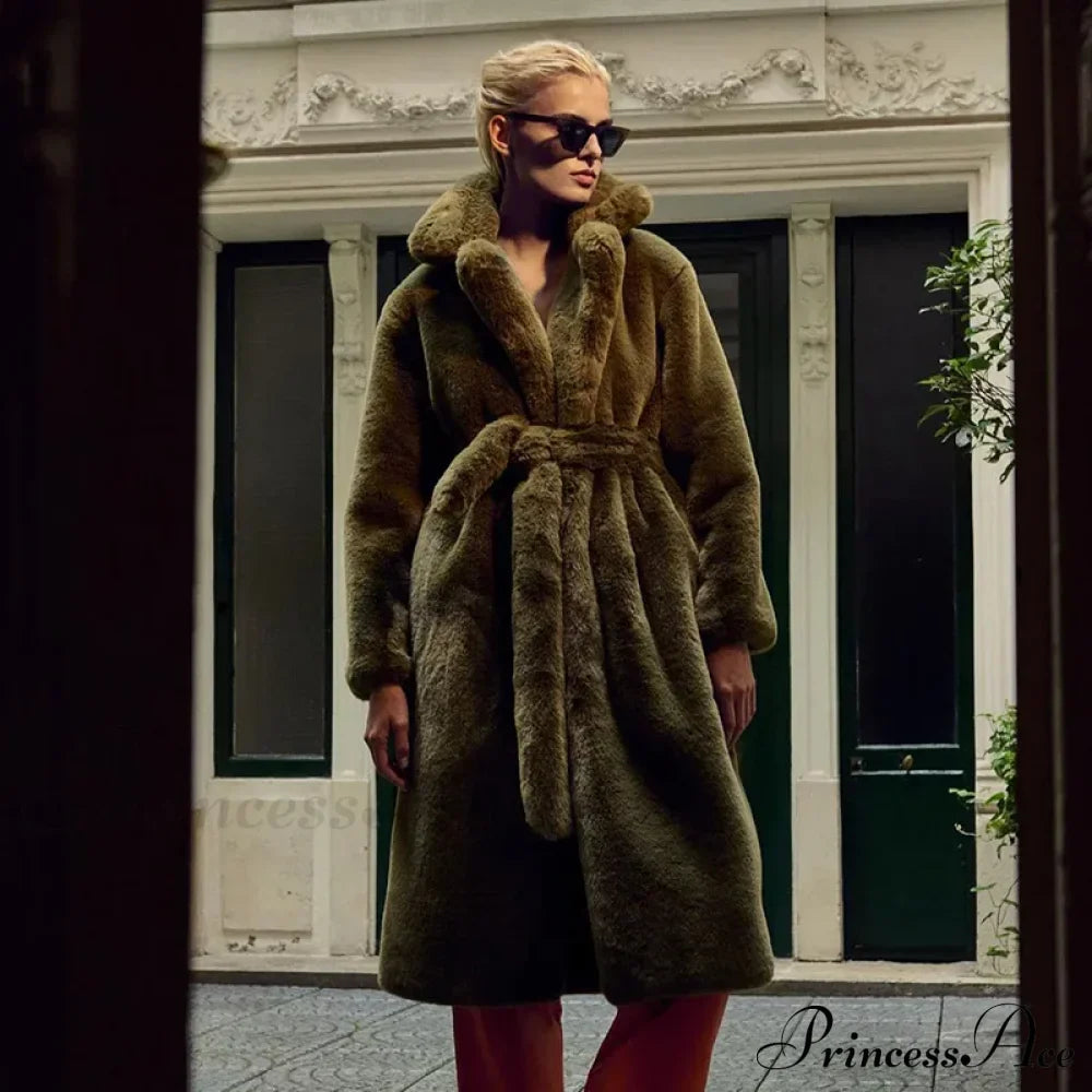 Faux Fur Stylish Long Belted Coat image 32