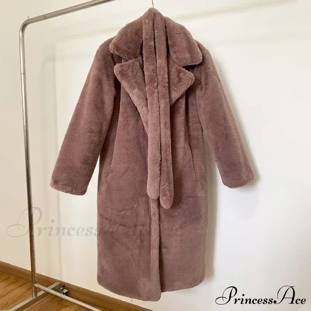 Faux Fur Stylish Long Belted Coat image 12