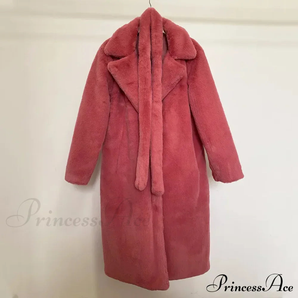 Faux Fur Stylish Long Belted Coat image 13