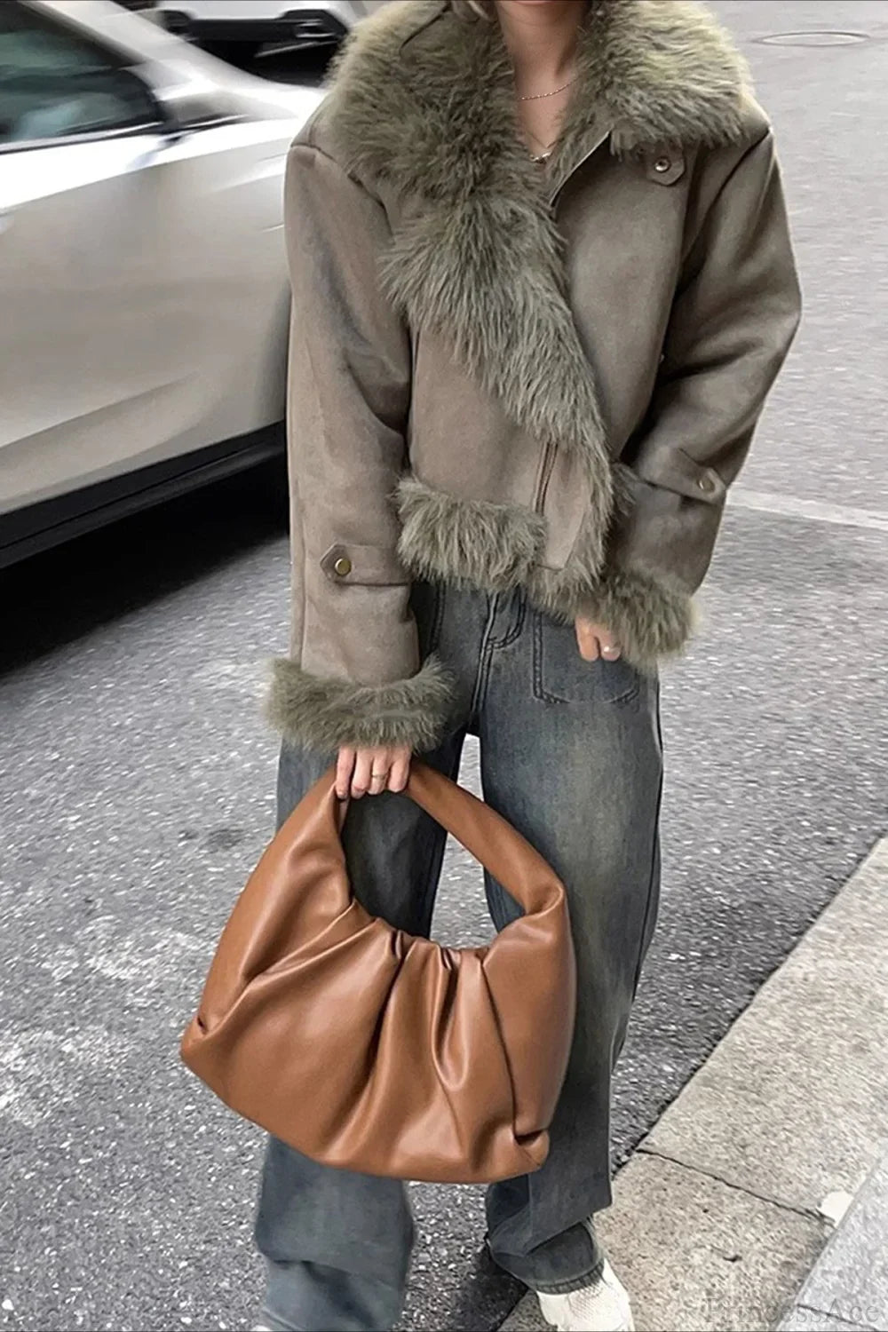 Faux Fur Suede Short Biker Jacket image 4