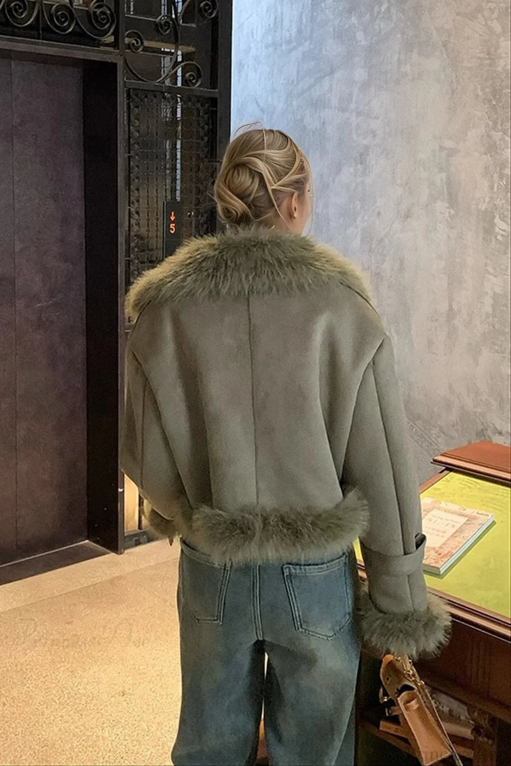 Faux Fur Suede Short Biker Jacket image 5