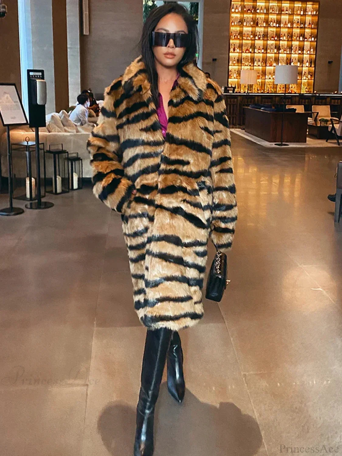 Faux Fur Tiger Striped Loose Overcoat image 2