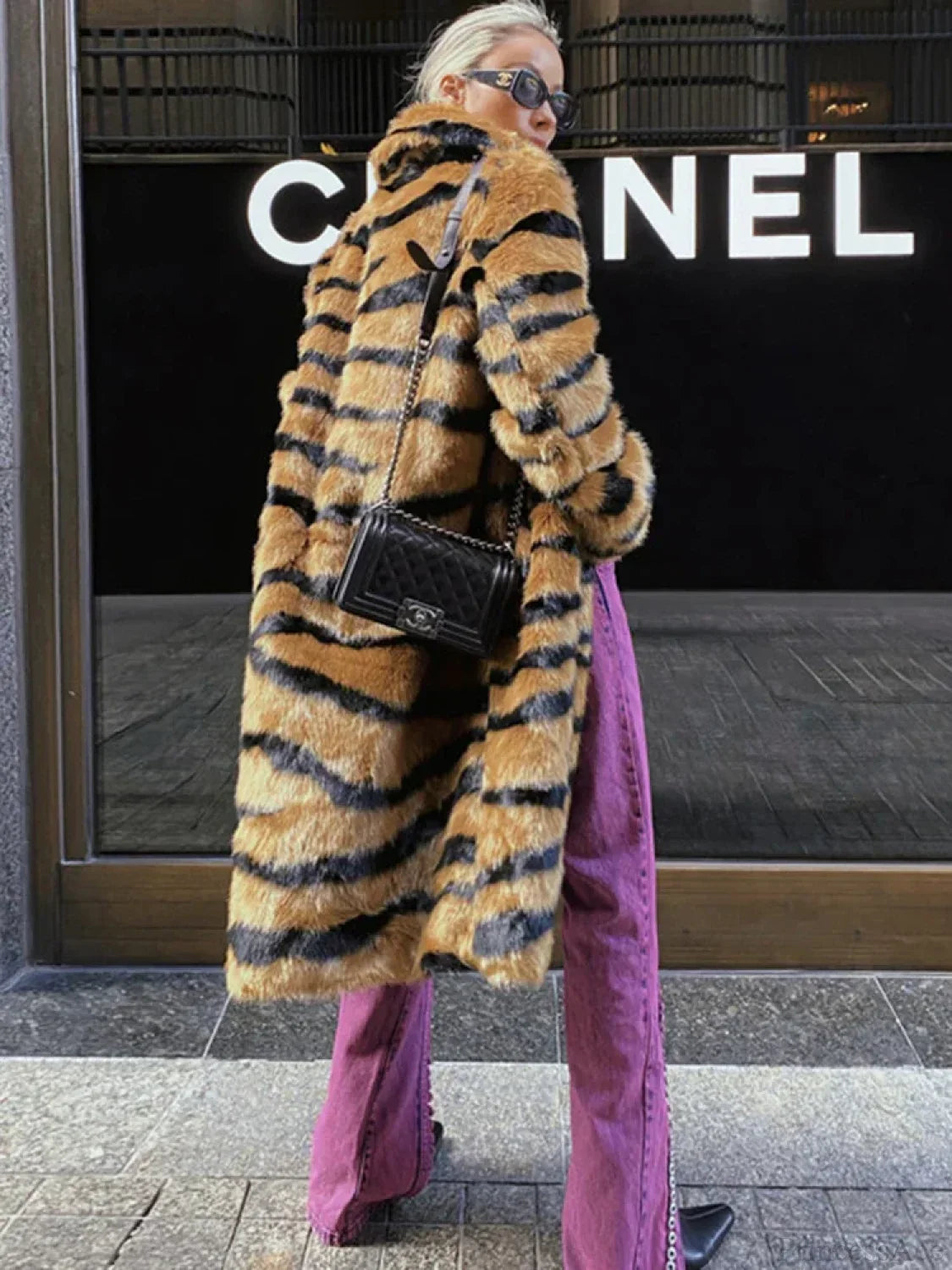 Faux Fur Tiger Striped Loose Overcoat image 1