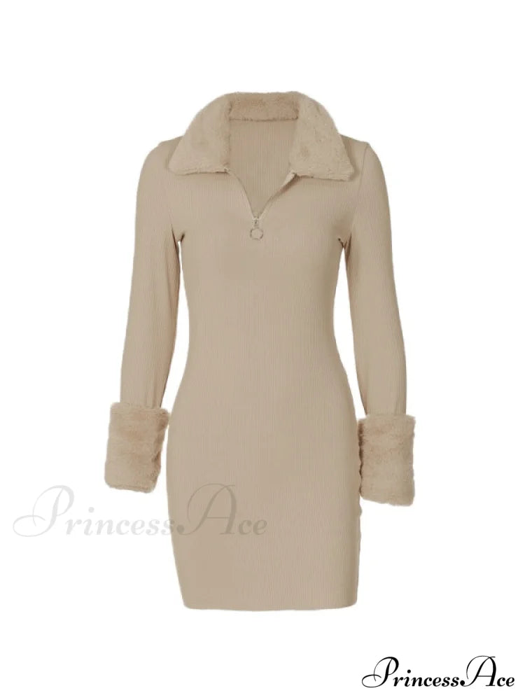 Faux Fur Trim Rib Modern Knit Long Sleeve Mini Dress image 4