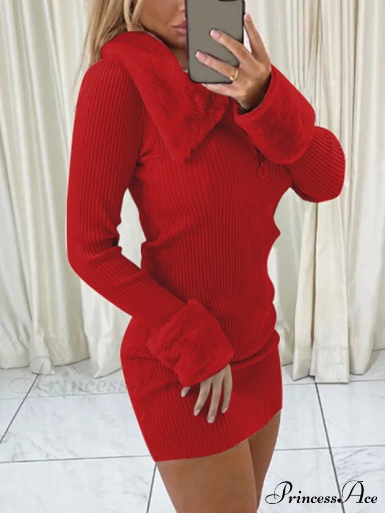 Faux Fur Trim Rib Modern Knit Long Sleeve Mini Dress image 9