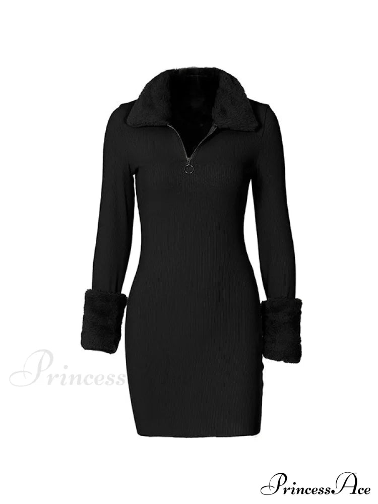Faux Fur Trim Rib Modern Knit Long Sleeve Mini Dress image 11