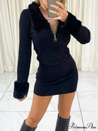 Faux Fur Trim Trendy Long Sleeve Mini Dress image 5