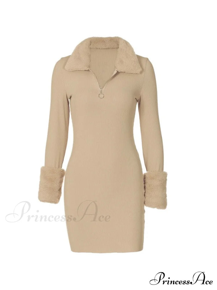 Faux Fur Trim Trendy Long Sleeve Mini Dress image 3