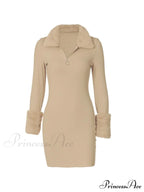 Faux Fur Trim Trendy Long Sleeve Mini Dress image 3