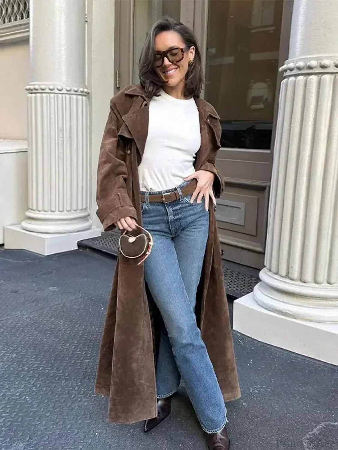 Faux Leather Lapel Double-Breasted Overcoat image 2
