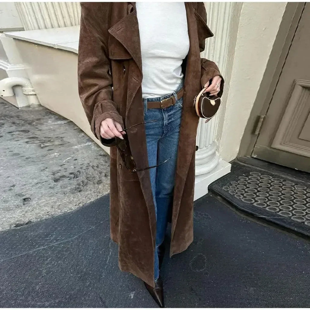 Faux Leather Lapel Double-Breasted Overcoat image 5