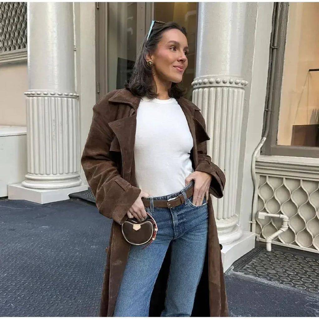 Faux Leather Lapel Double-Breasted Overcoat image 3