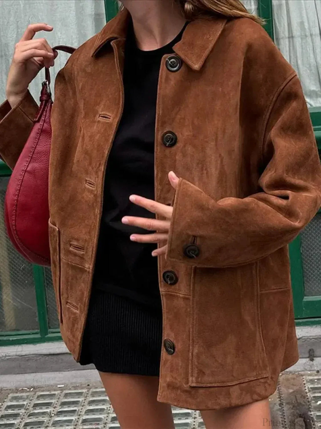 Faux Leather Lapel Double-Breasted Overcoat image 9