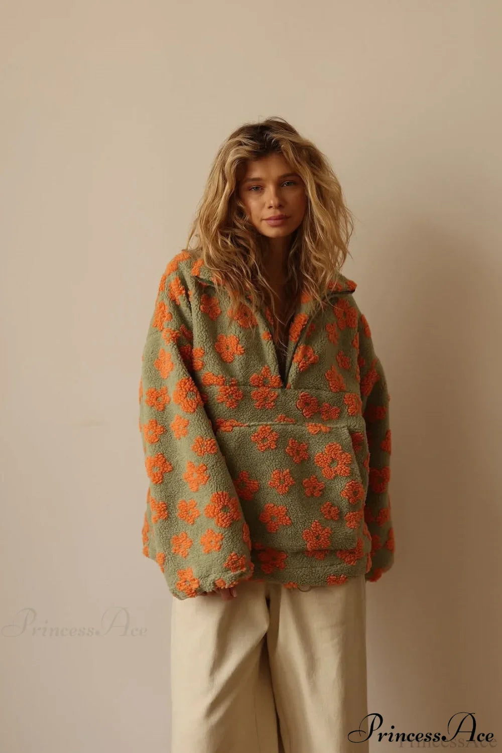 Faux Sherpa Printed Loose Zip Sweatshirt image 4