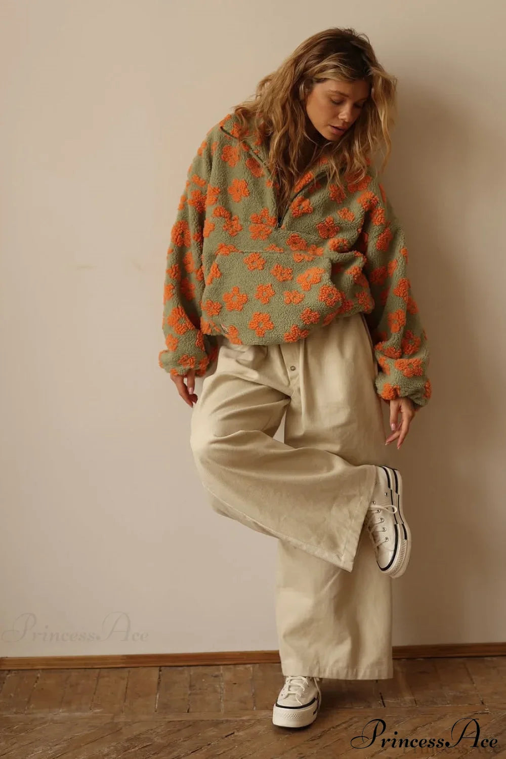 Faux Sherpa Printed Loose Zip Sweatshirt image 5