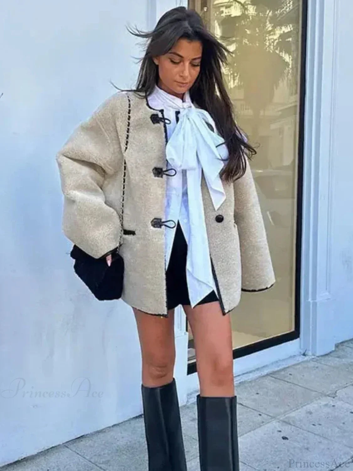 Faux Wool Loose Retro O-neck Overcoat image 5
