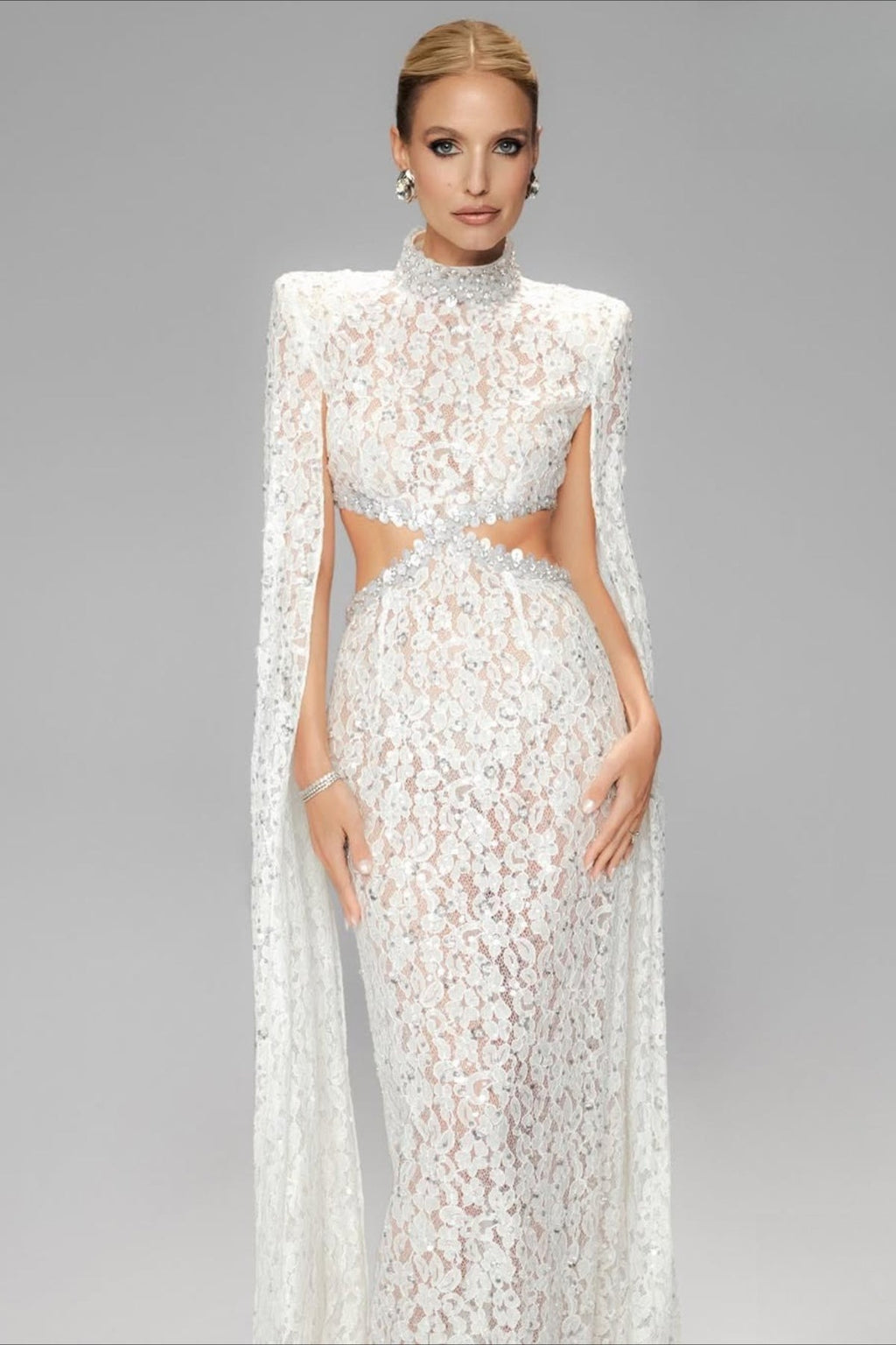Lace Beaded Sequin Slim Cape Reception Dress image 2
